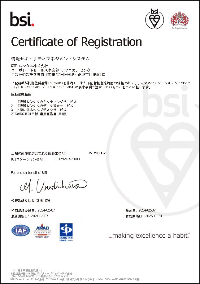 ISMS認証書 Certificate of Registration IS798867 ISO27001